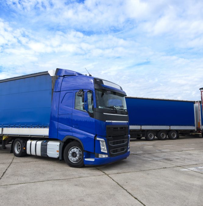 Truck vehicle with trailers in background.